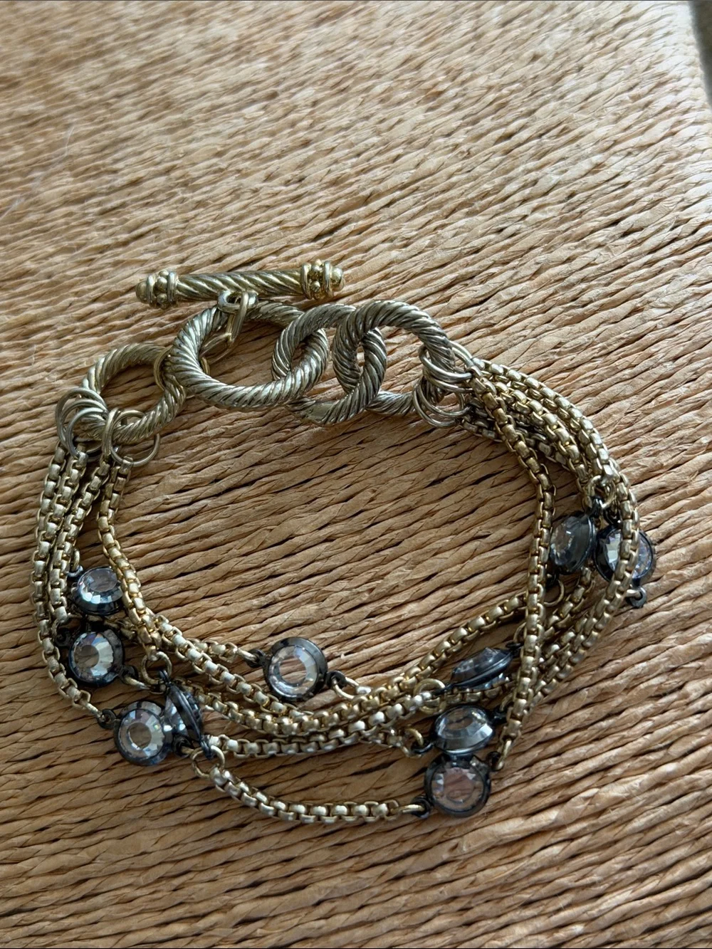 Bracelet toggle clasp smoky  crystal five strands gold tone